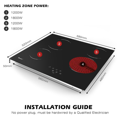 220V-240V 4 برنر الطباخ الكهربائي المدمج في 24 بوصة الطباخ السيراميكي 6000W